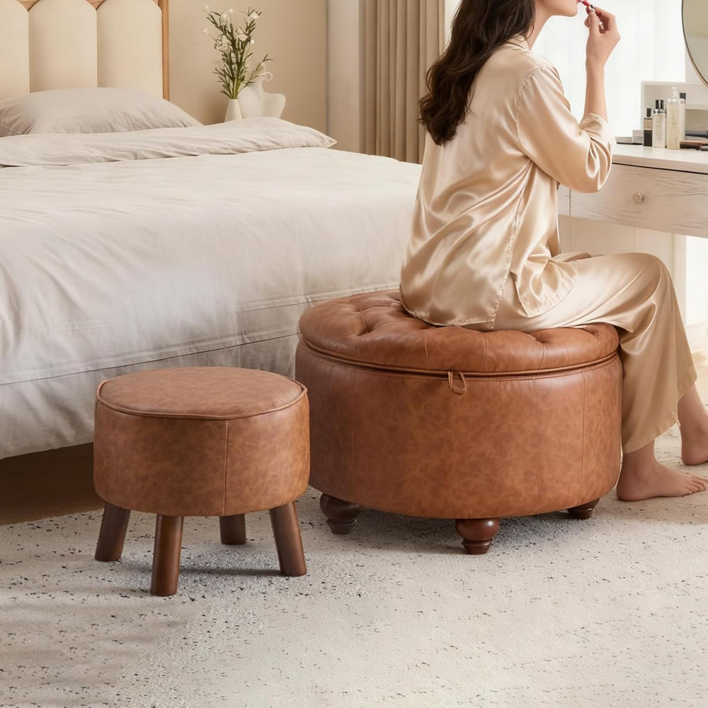 24Inch Round Storage Ottoman, Set of 2, Modern PU Leather Coffee Table with R...
