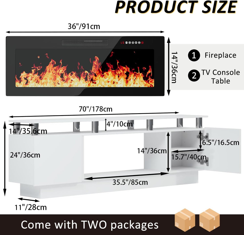 LEMBERI 70" Fireplace TV Stand for TVs up to 80", White | 36" ...