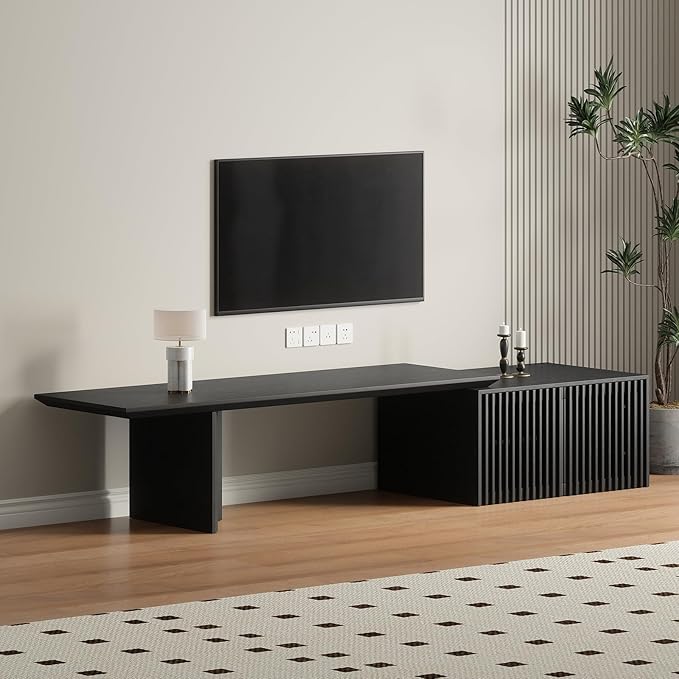 XEW Extendable TV Stand with Storage and Shelves, Wood Entertainment Center for 55+ Inch TV, Modern TV Console, Minimalist Media Console for Living Room, Bedroom-Black (Extendable: 60.6"-84.3")