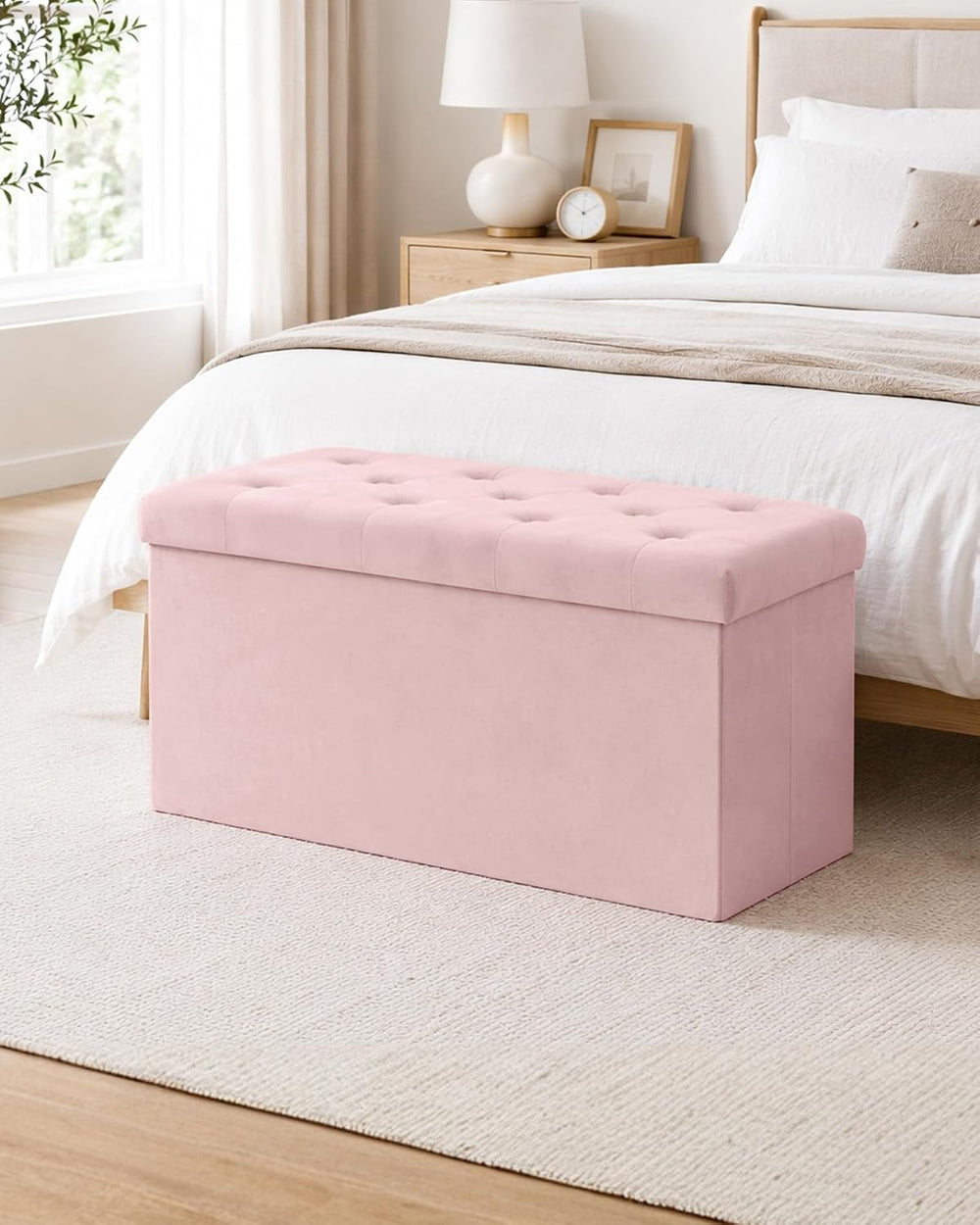 B FSOBEIIALEO Folding Storage Ottoman, Long Ottomans Shoes Bench, Velvet Stor...