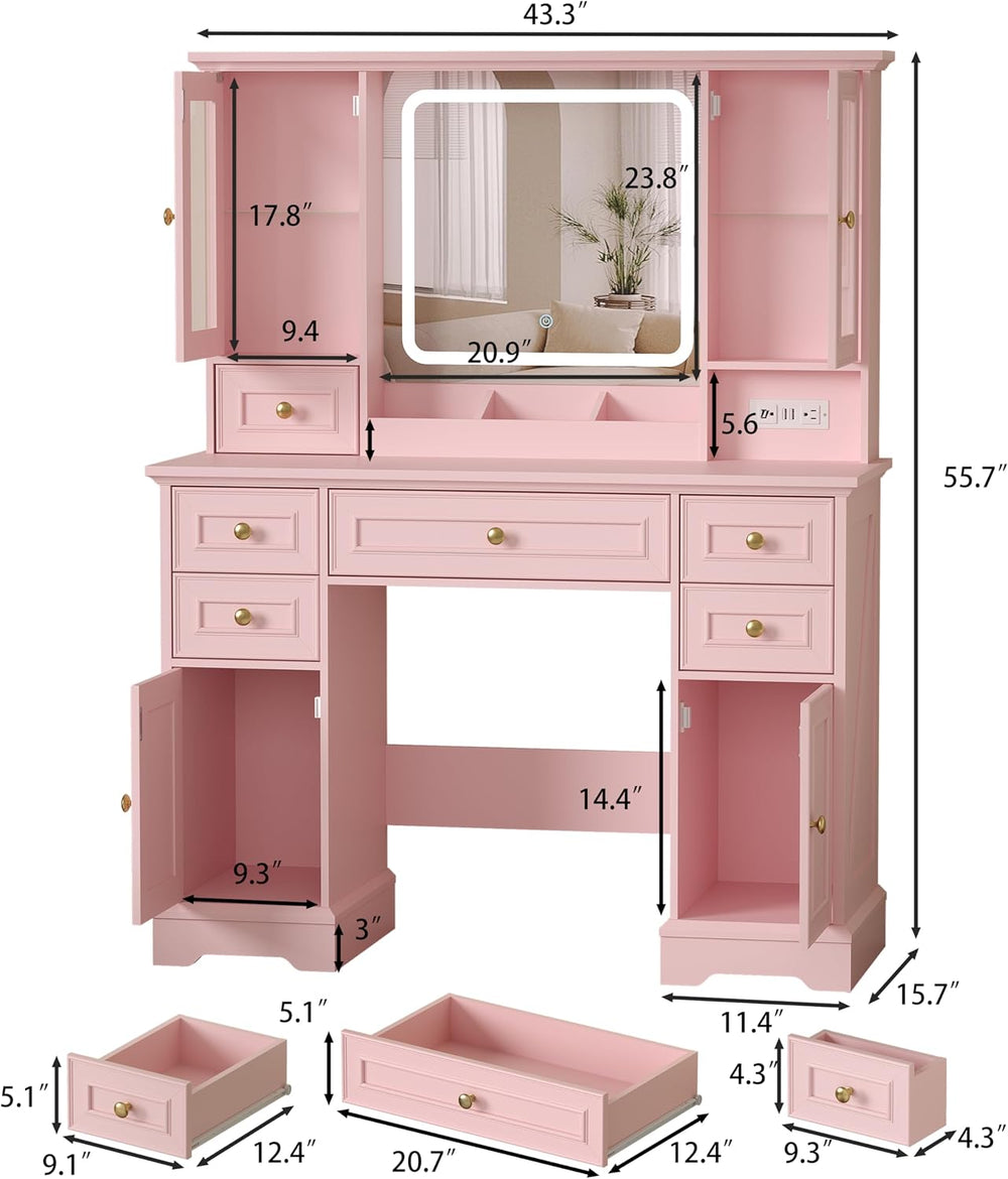 HUANLEGO Farmhouse Makeup Vanity Desk with Mirror and LED Lights, Pink | Vani...