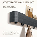 Wall Coat Rack Floating Shelves Modern Coat Rack Wall Mount with Storage Entryway Shelf Wooden Hanger 20 Inch 4 Hidden Metal Hooks for Living Room Bedroom (Black, 5 Hooks)
