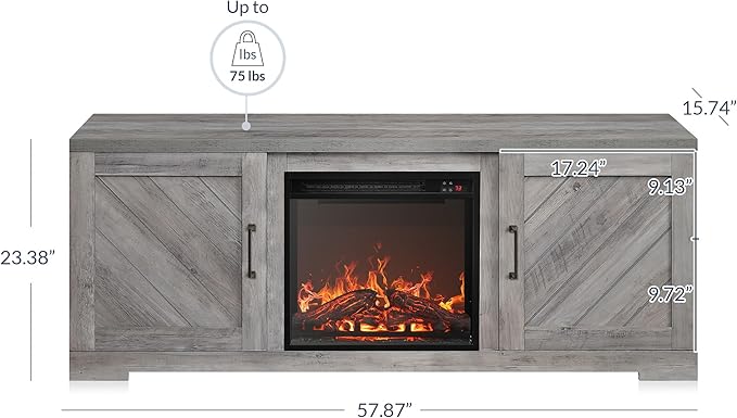 BELLEZE Modern 58" Farmhouse TV Stand with 18" Electric Fireplace Heater & Media Entertainment Center for TV up to 65", Console Table with Storage Cabinets - Hilo (Grey Wash)