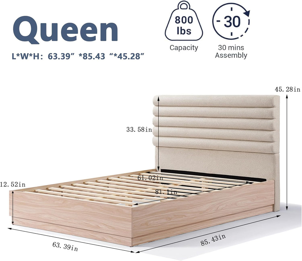 Modern Upholstered Queen Bed Frame, Taupe Boucle Fabric Headboard with Sturdy...