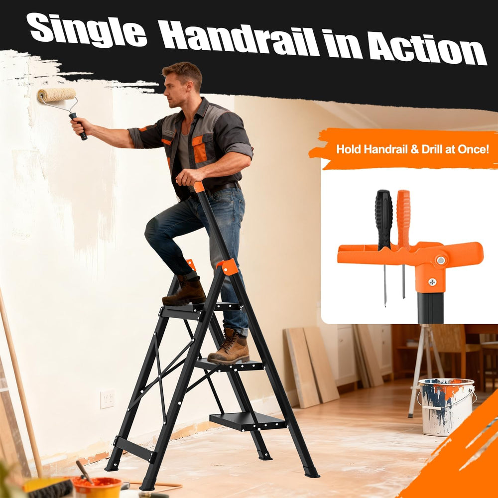 3 Step Ladder with Single Handrail, Retractable Handle 3 Folding Step Stool