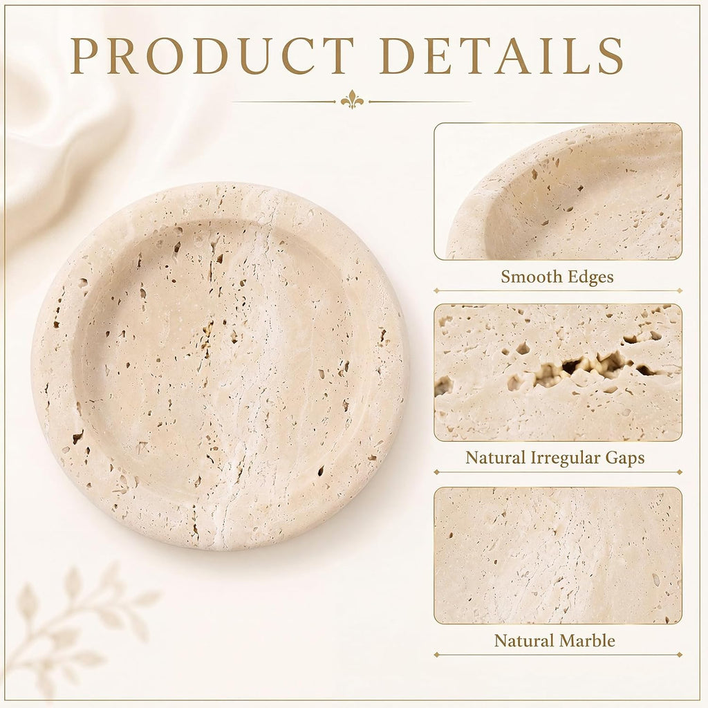 5.5 Inch Small Travertine Stone Tray Marble Jewelry Dish Trinket Tray for Women, Perfume, Coffee Table (Round)