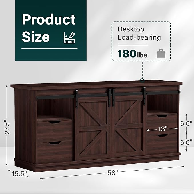 JUMMICO TV Stand with 4 Drawers for 65 Inch TV, Farmhouse Entertainment Center with Storage and Sliding Barn Doors, Rustic Media TV Console Cabinet with Shelves for Living Room Bedroom (Rustic Oak)