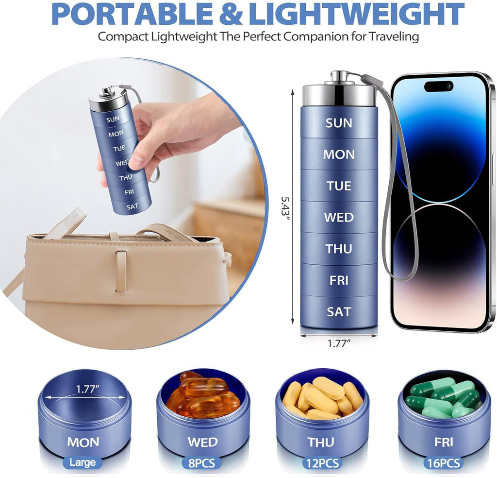 Metal Weekly Pill Organizer, Large Travel Pill Box, Portable Aluminum Alloy Waterproof Container, 7 Day Daily Medicine Organizer Holder for Vitamin, Fish Oil, Supplement, Dark Blue