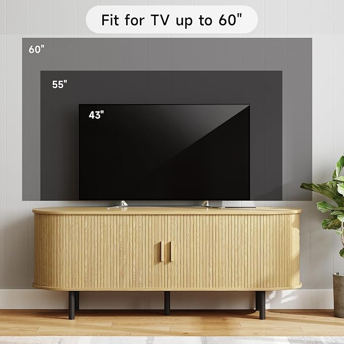 ONBRILL 55" TV Stand with Power Outlet for TVs up to 60 Inch, Entertainment Center with Storage and Adjustable Shelves, Modern Media Console with Sliding Doors for Living Room, Oak