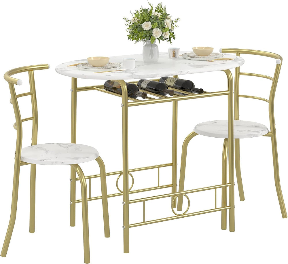 VECELO 3-Piece Dining Table Set for Kitchen Breakfast Nook, Wood Grain Oval T...
