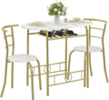 VECELO 3-Piece Dining Table Set for Kitchen Breakfast Nook, Wood Grain Oval Tabletop and Metal Frame with Built-in Wine Rack, for Small Spaces, White & Gold