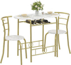 VECELO 3-Piece Dining Table Set for Kitchen Breakfast Nook, Wood Grain Oval Tabletop and Metal Frame with Built-in Wine Rack, for Small Spaces, White & Gold