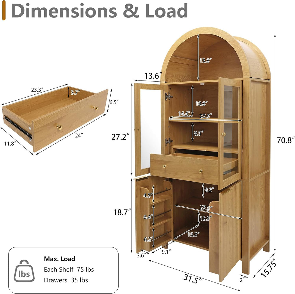 71" Tall Arched Kitchen Pantry with Drawer,Glass Door,Door Racks, Fluted...