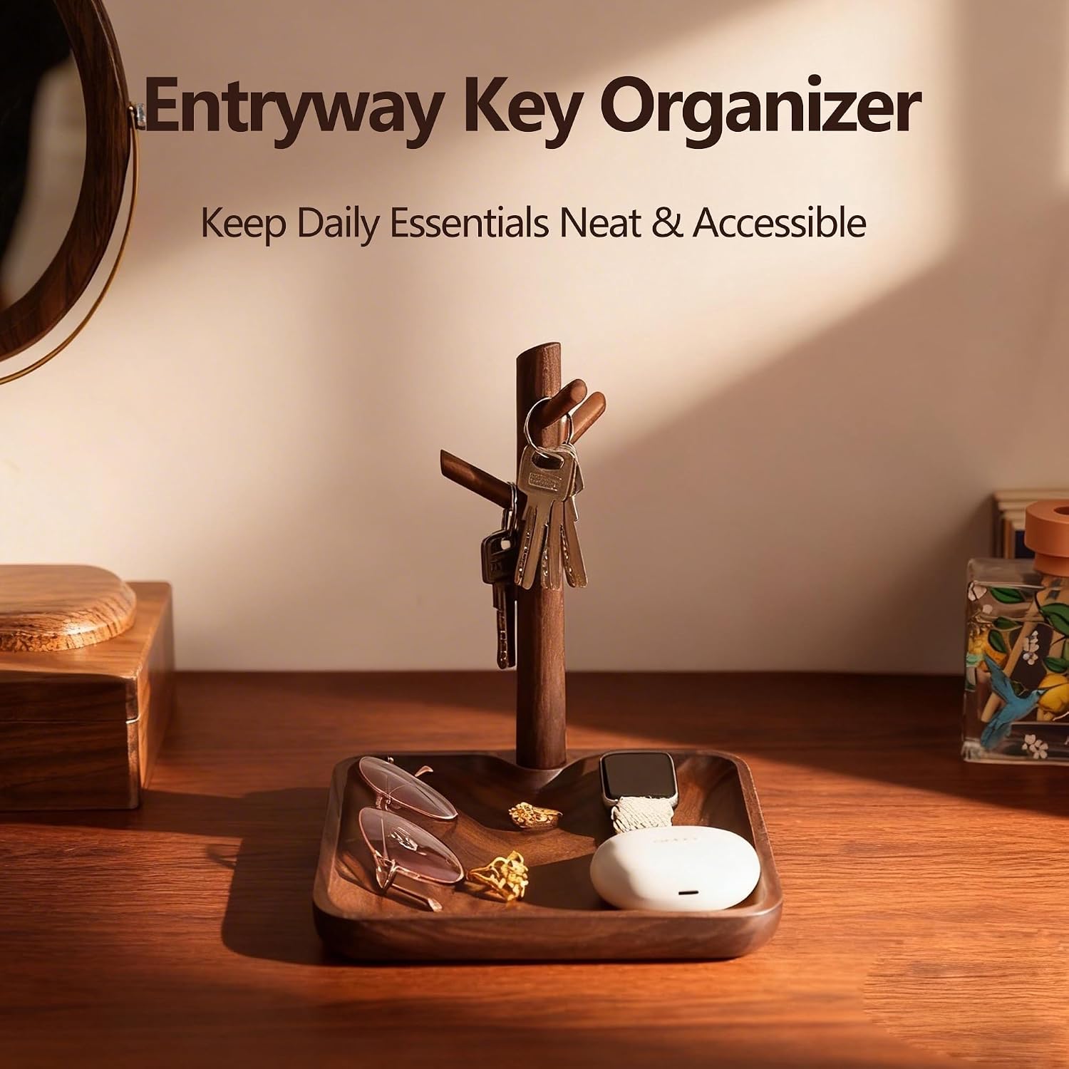Solid Black Walnut Wooden Key Tray, Key Bowl for Entryway Table | Multi-Functional Table top Key Holder ; Wood key Dish with 3 Hooks ; Organizer for Wallet, Watch, Change, and Jewelry
