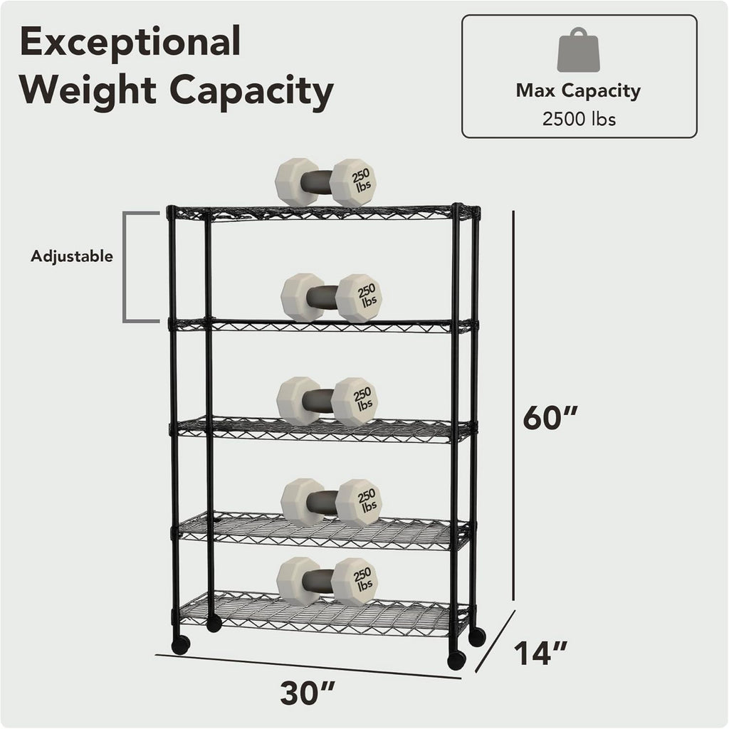5 Tier Wire Shelving Unit Storage Rack, Metal Heavy Duty Utility Organizers, Organization Units for Products Plant Pantry, Garage, Laundry Racks Durable Shelf Stand,14"W x 30"L x 60"H, Black