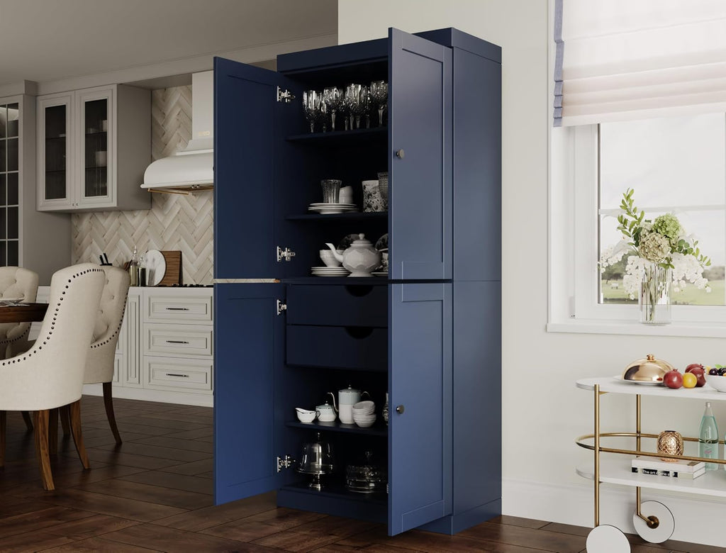 Palace Imports Solid Wood Kitchen Pantry Cabinet - 71.5" Tall x 32" W - Wooden Storage Cabinet w/ 4 Shaker Doors, 2 Drawers & 4 Adjustable Shelves, Navy Blue, 100% Eco-Friendly Wood, Made in Brazil