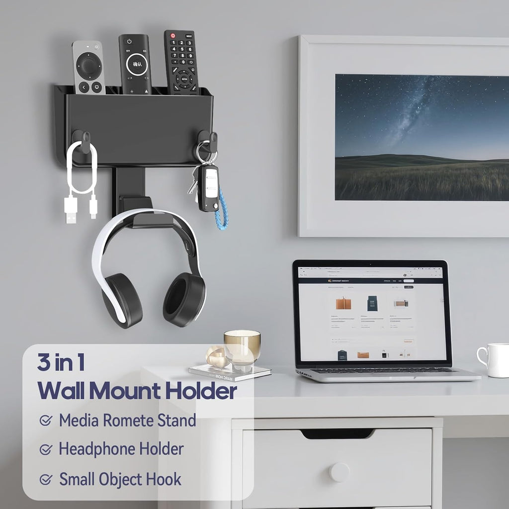 Adhesive Remote Control Holder Wall Mount with Headset Hanger, 3 in 1 Organizer TV/Fan Remote Caddy with Hook for Headphone, No Drill Controller Storage Bracket, Bed Wall Rack for Multiple Remote