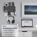 Adhesive Remote Control Holder Wall Mount with Headset Hanger, 3 in 1 Organizer TV/Fan Remote Caddy with Hook for Headphone, No Drill Controller Storage Bracket, Bed Wall Rack for Multiple Remote