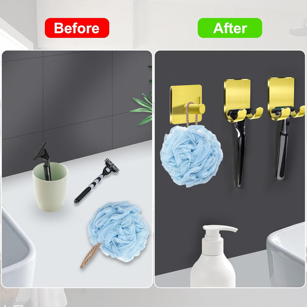 CGBE 4 Packs Shower Hooks for Inside Shower, Self Adhesive Shaver Holder Hanger Hooks for Bathroom Damage Free Wall Hooks for Razor Loofah Sponge - Gold