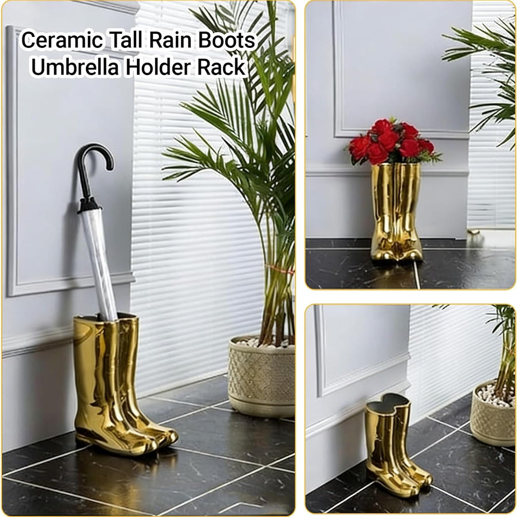 Indoor Rain Boots Umbrella Rack Tall Entryway Ceramic Umbrella Stand Holder Multifunctional Vase Floor Storage Umbrella Canes/Walking Sticks Bucket for Home Office Porch.(White)
