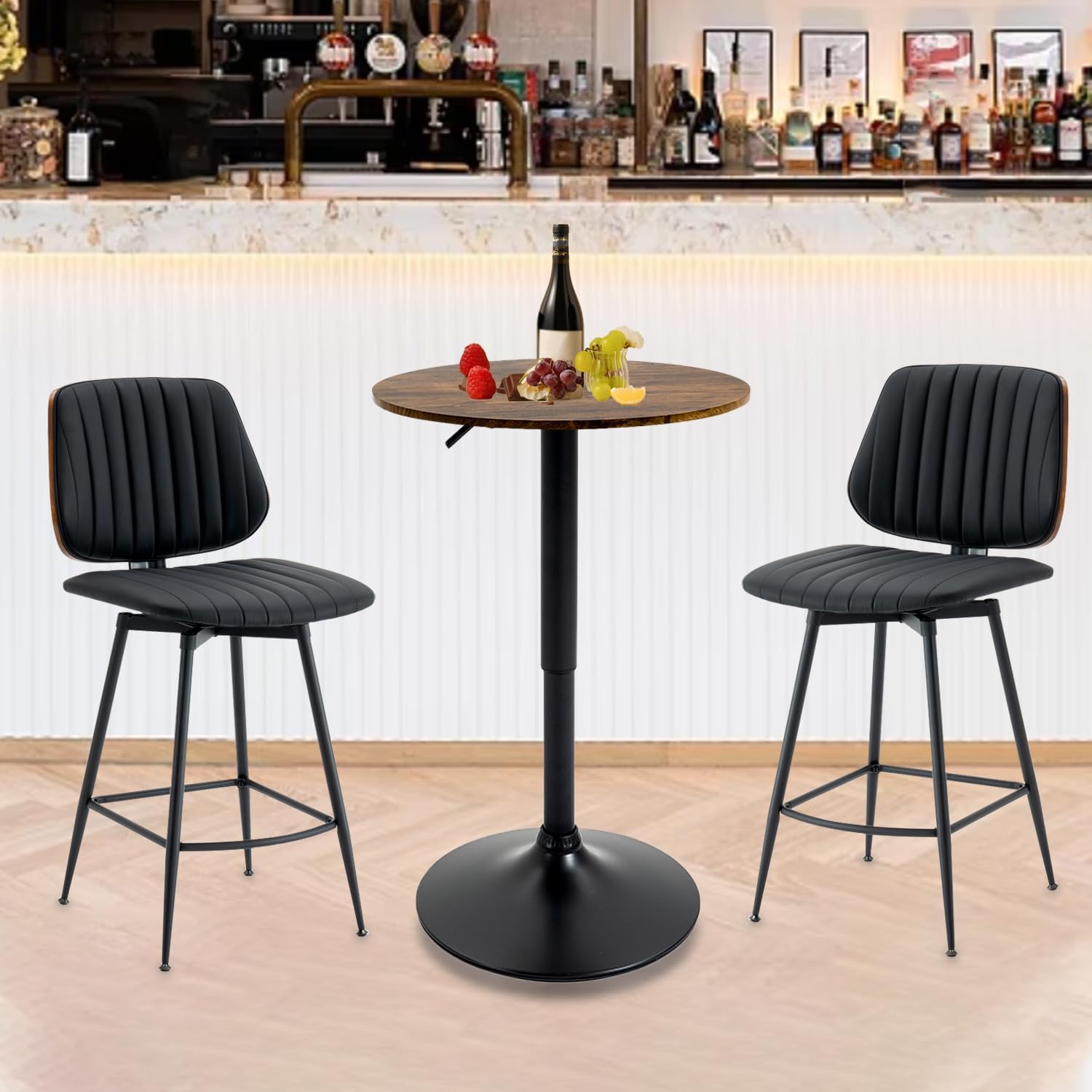 Round Bar Table Height Adjustable with MDF Top, 23.6 i n Modern Cocktail Bar Table with 360 Swivel for Suitable for Small Space, Kitchen, Dining Room, Restaurant Brown