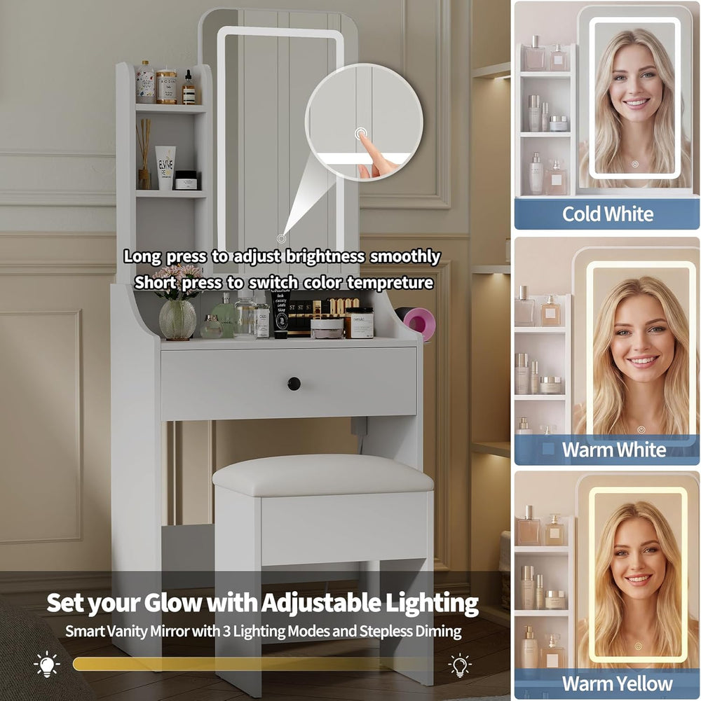 Makeup Vanity Desk with Mirror Lights & Charging, White | Includes Storag...
