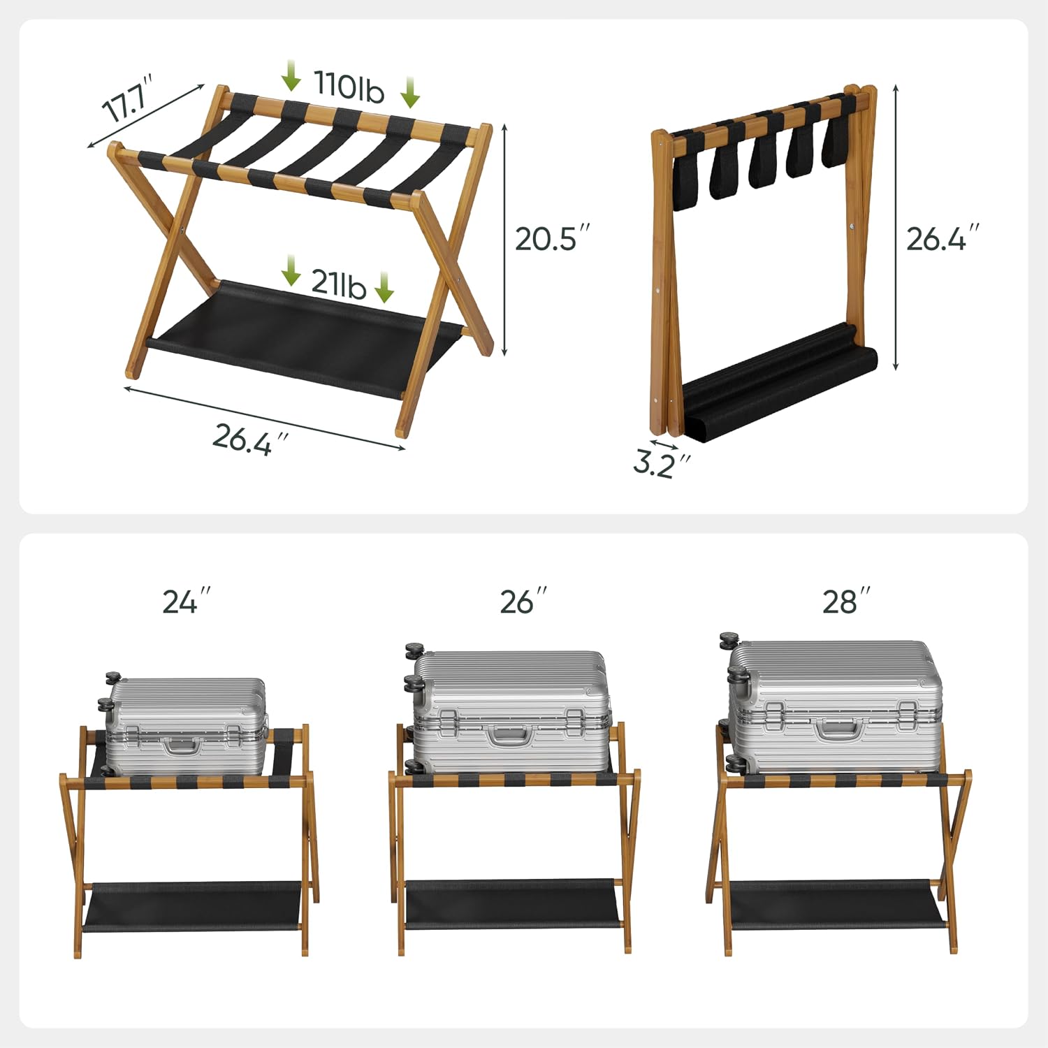 Smart FENDEE Luggage Rack, Folding Luggage Rack for Guest Room, Walnut Bamboo Suitcase Stand Holds up to 131 lb, Luggage Stand with Storage Shelf for Hotel, Bedroom (1 Pack)