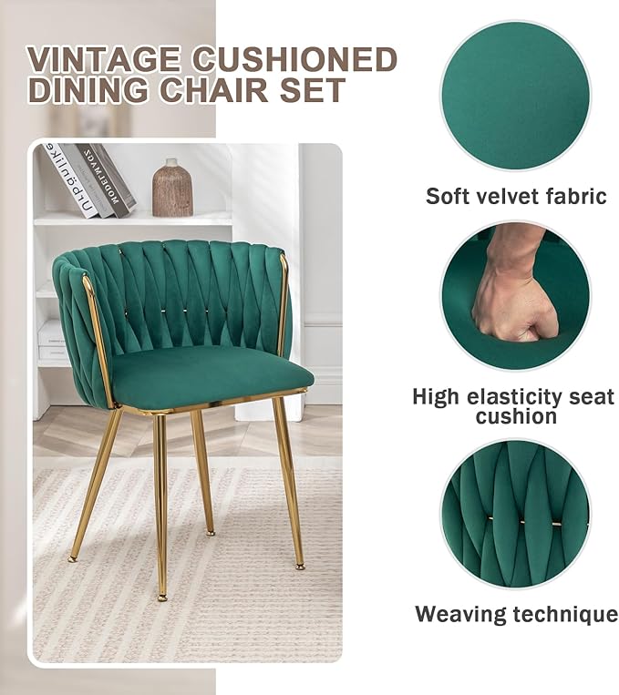 Velvet Dining Chairs Set of 4, Modern Upholstered Dining Chairs with Gold Metal Legs for Dining Room, Vanity, Kitchen, Living Room(Green)