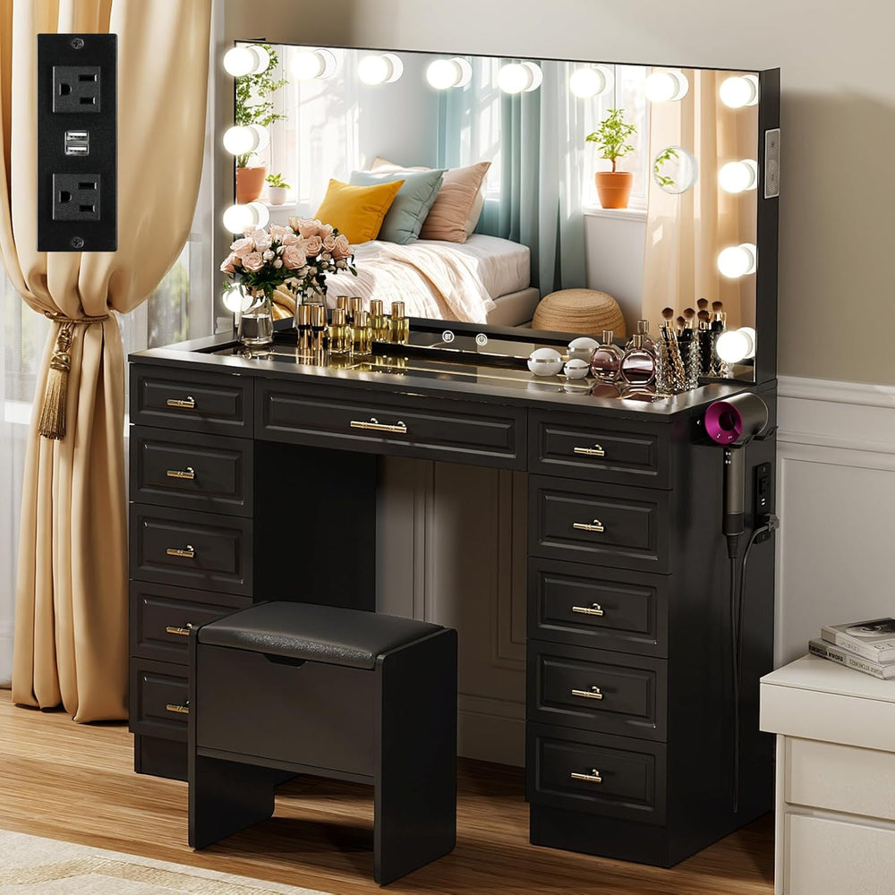 VOWNER Vanity with Lighted Mirror, Makeup Vanity Desk w/Bluetooth Speaker | G...