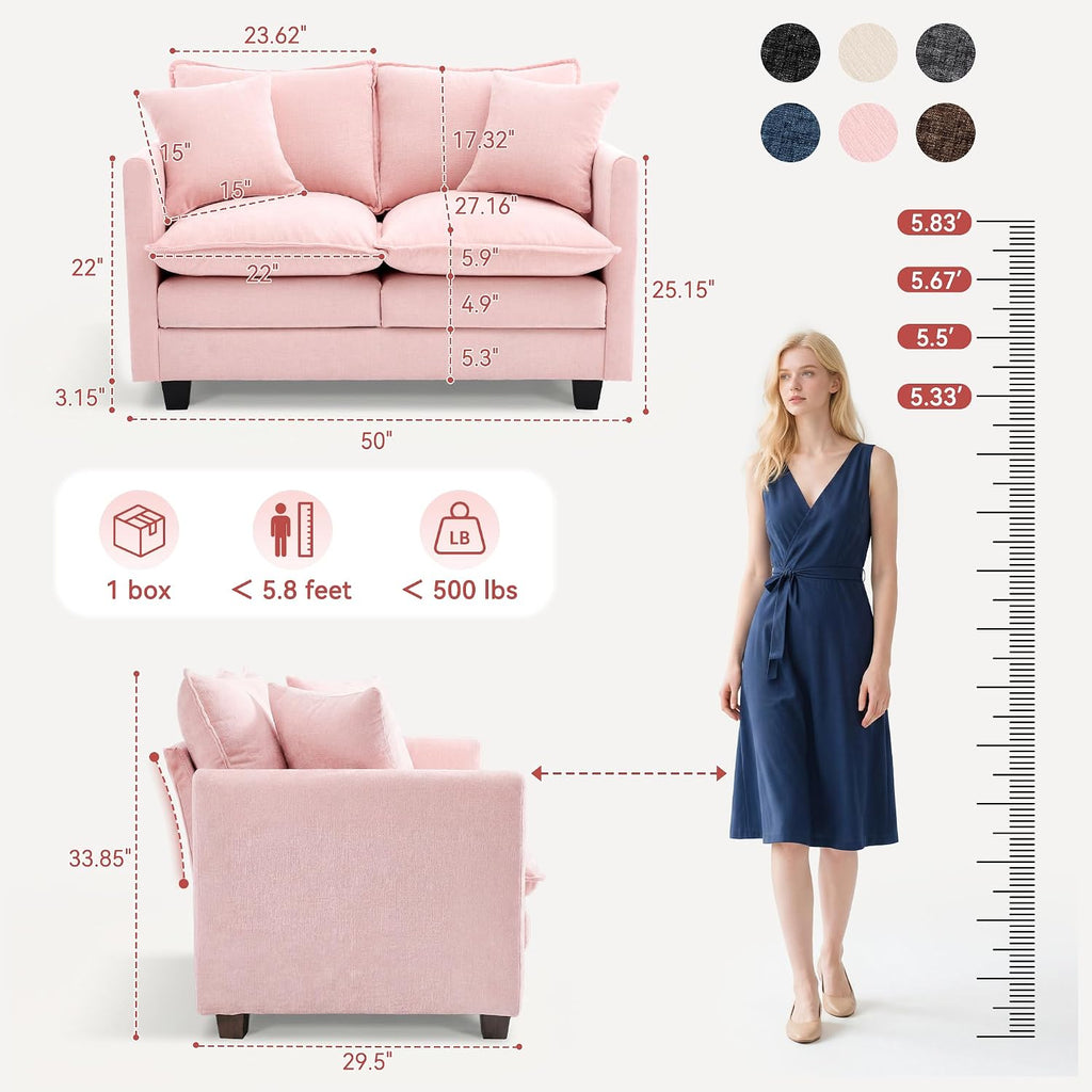 Loveseat Sofa Couch, Small Mini Compact 50" Love Seat 27" Deep Cloud Sofa Seat Washable Chenille Pillow for Apartment Bedroom Dorm Attic Studio Office Living Room Small Space 50-Pink