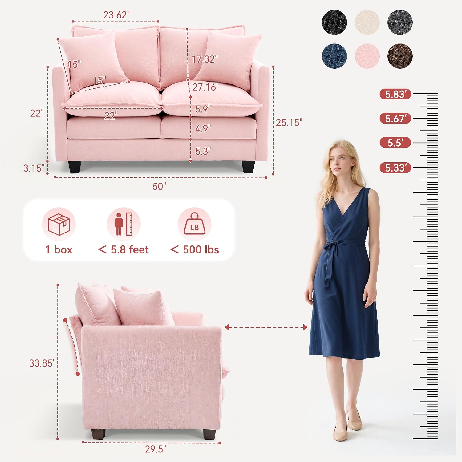 Loveseat Sofa Couch, Small Mini Compact 50" Love Seat 27" Deep Cloud Sofa Seat Washable Chenille Pillow for Apartment Bedroom Dorm Attic Studio Office Living Room Small Space 50-Pink
