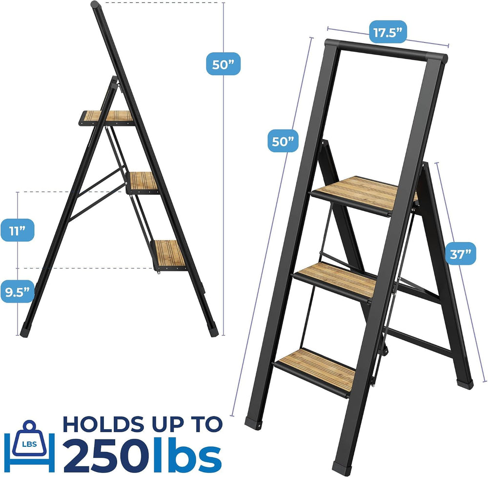 Step Ladder 3 Step Folding, Decorative - Beautiful Bamboo & Black Aluminu...