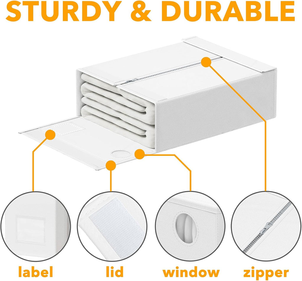 SpaceAid 4 Pack Bed Sheet Organizers and Storage, Foldable Sheet Organizer for Linen Closet, Sheets Set Folder Keeper with Window XL (Queen & King Size) Organizing Bedding Container, White
