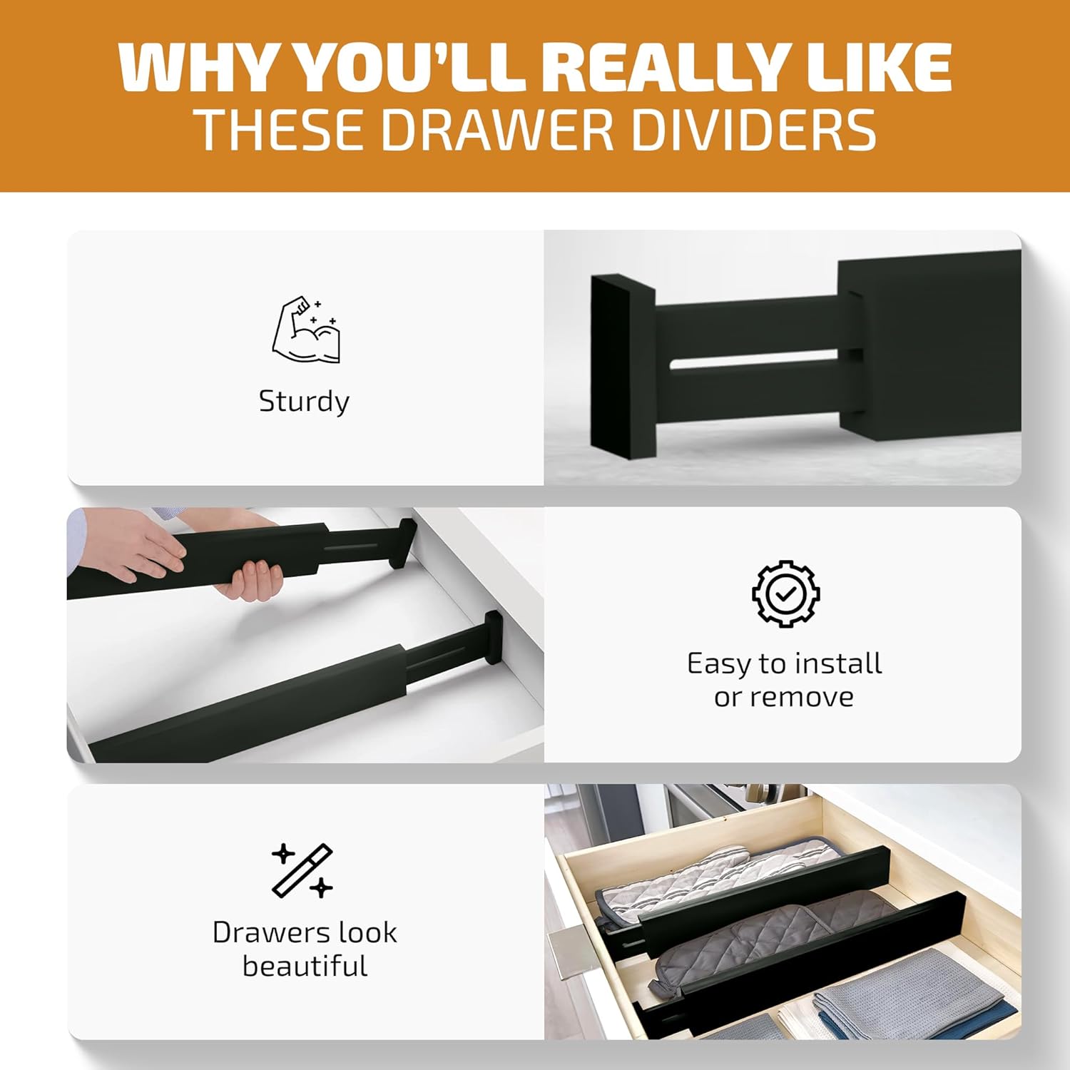 Bambüsi 4 Pack Drawer Dividers - 2.6" High, 16-22" Adjustable Drawer Bamboo Organizers for Clothes, Expandable Dresser Separators in Bedroom/Bathroom/Kitchen/Office Organization and Storage (Black)