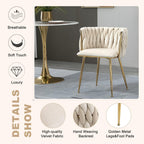 NIOIIKIT Modern Velvet Dining Chairs Hand Weaving Accent Chairs Living Room Chairs Upholstered Side Chair with Golden Metal Legs for Dining Room Kitchen Vanity Living Room (Ivory)