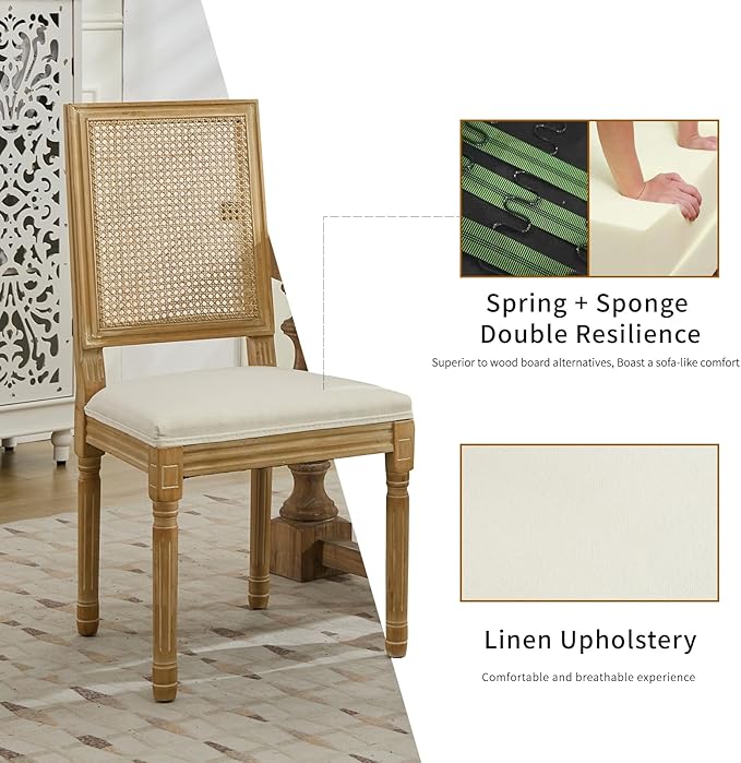 French Country Dining Chairs Set of 6, Cream Kitchen & Dining Room Chairs Set of 6, Ivory Rattan Dining Chairs, Cane High Back, Wood Legs, Sillas De Comedor (Rattan, Beige, 6Pcs)
