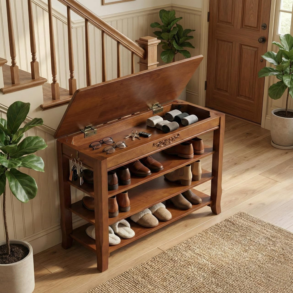 Shoe Rack Bench with Lift-Top Storage,3-Tier Shoe Storage Bench with Wooden S...