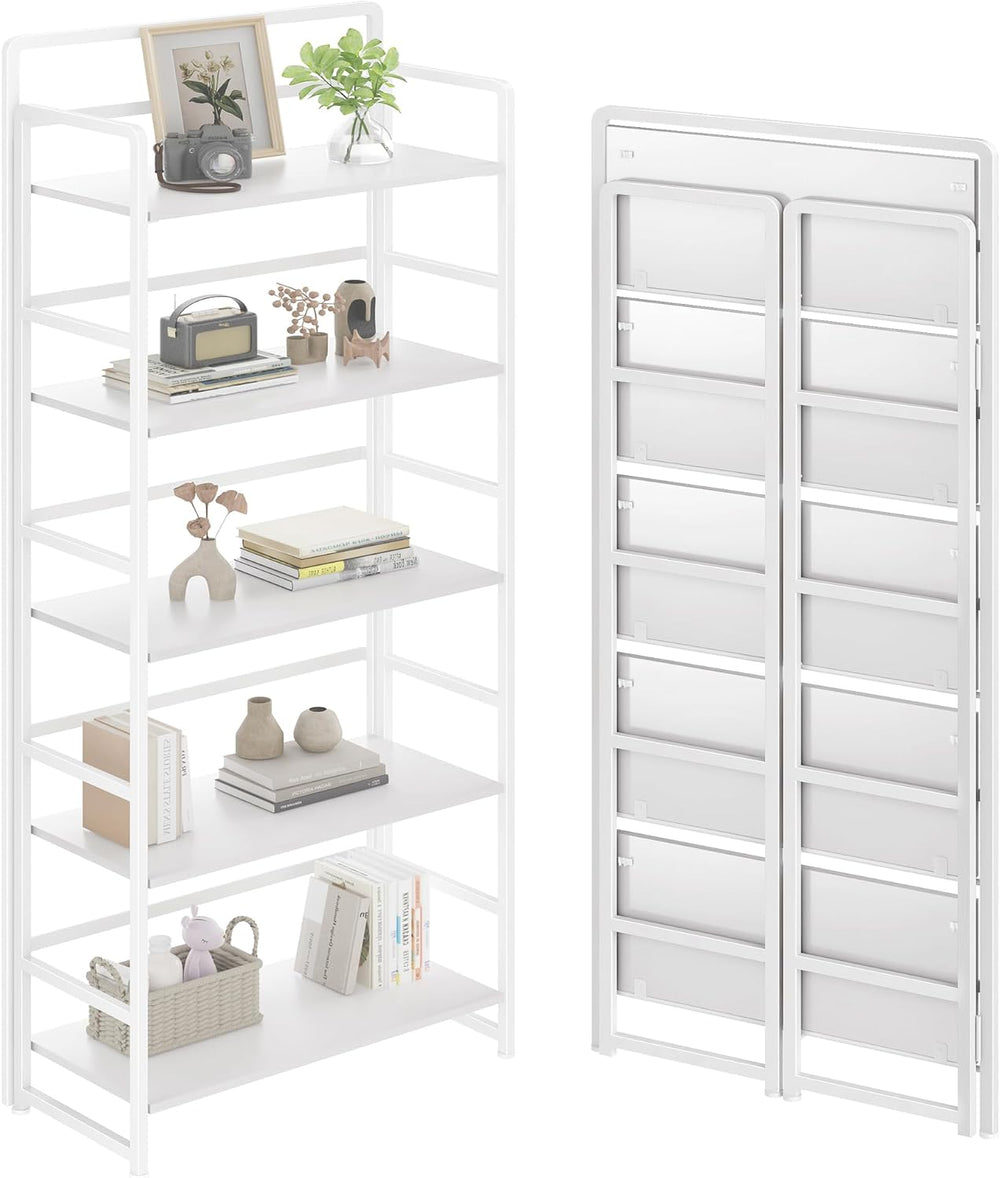 Folding Bookshelf 5 Tiers,No Assembly,Vintage Wood Bookcase Storage,White