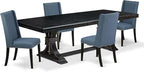 NEFL5-SBB-21-5-Piece Kitchen Dining Set Consists of a Dining Table and 4 Mineral Blue Linen Fabric Dining Chairs with Padded Chair Back - Sand Blasting Black Finish.