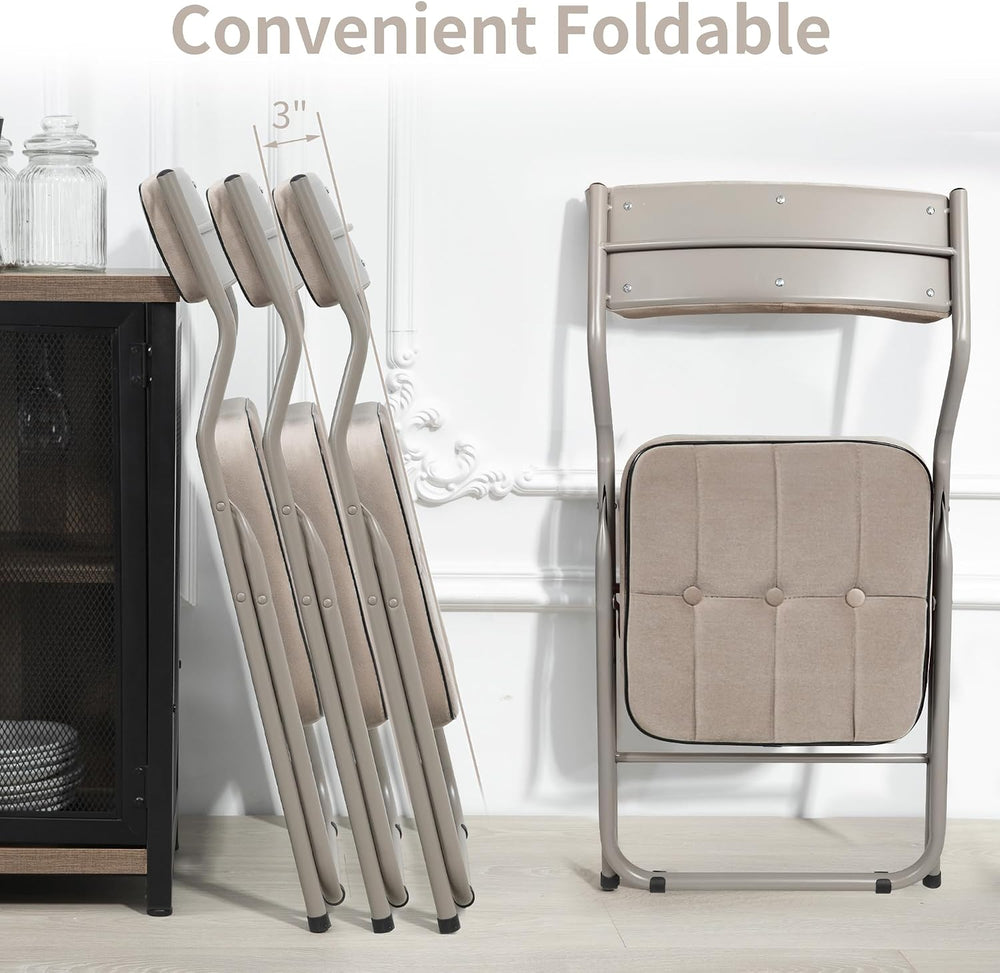 Padded Folding Chairs, Dining Chair with Cushion, Khaki, 4 Pack