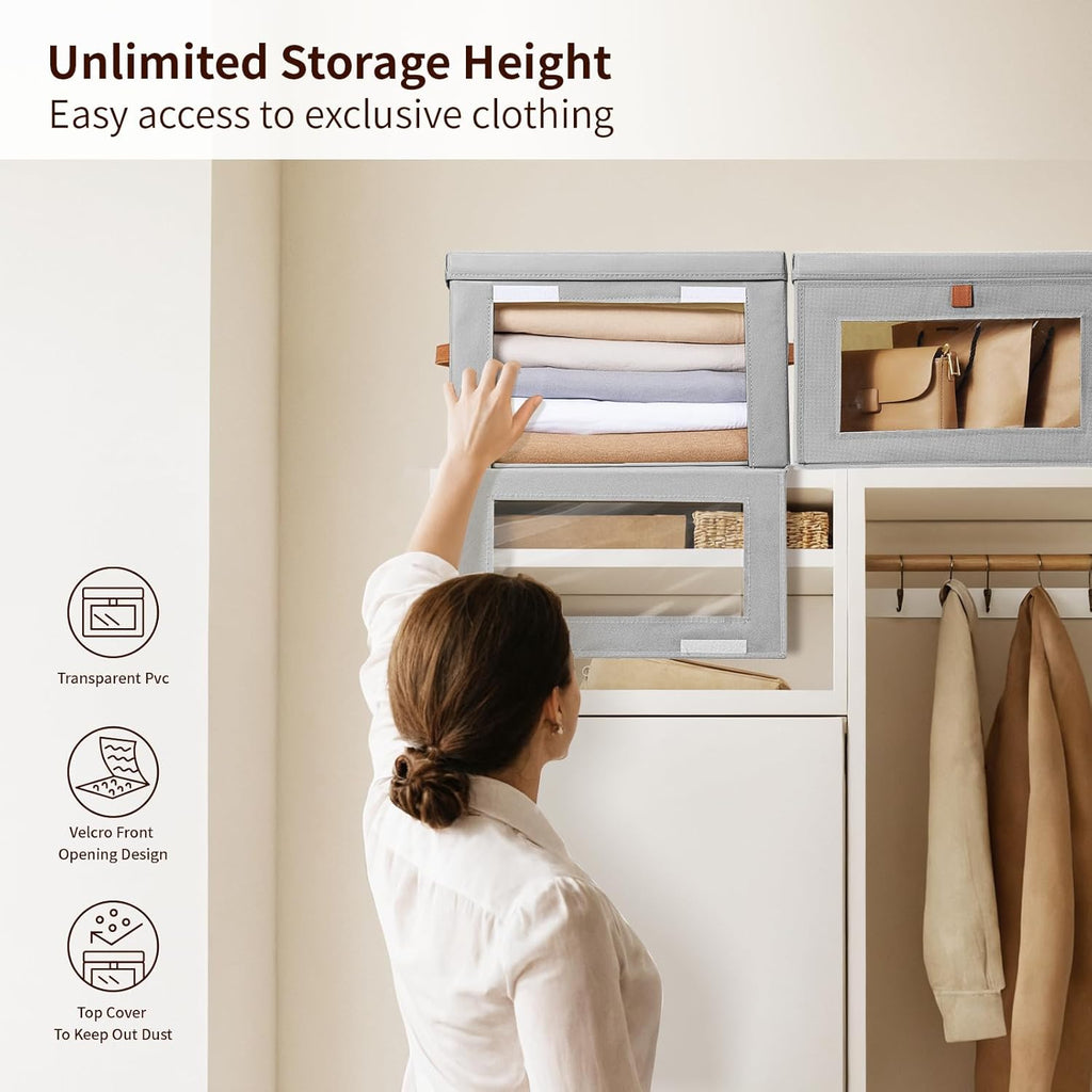 Small Fabric Storage bins - Collapsible Storage Bins with Open Window, 6 Pack Closet Baskets for Shelves, Stackable Decorative Boxes for Home, Dorm, Grey, 13.7"x 9.8" x 9.8"