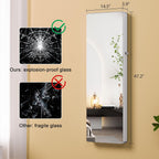 HNEBC LED Mirror Jewelry Cabinet,47.2" Wall Mounted Jewelry Organizer with Full-Length Mirror,Over The Door Hanging Jewelry Armoire Storage Cabinet,Folding Dresser,2 Drawers,Lockable, 3 Shelves(White)