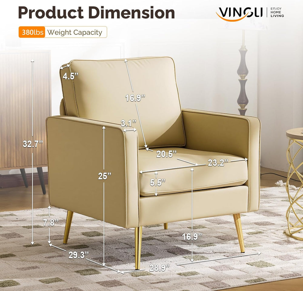 VINGLI Faux Leather Accent Chairs Set of 2 with Gold Legs for Living Room | B...