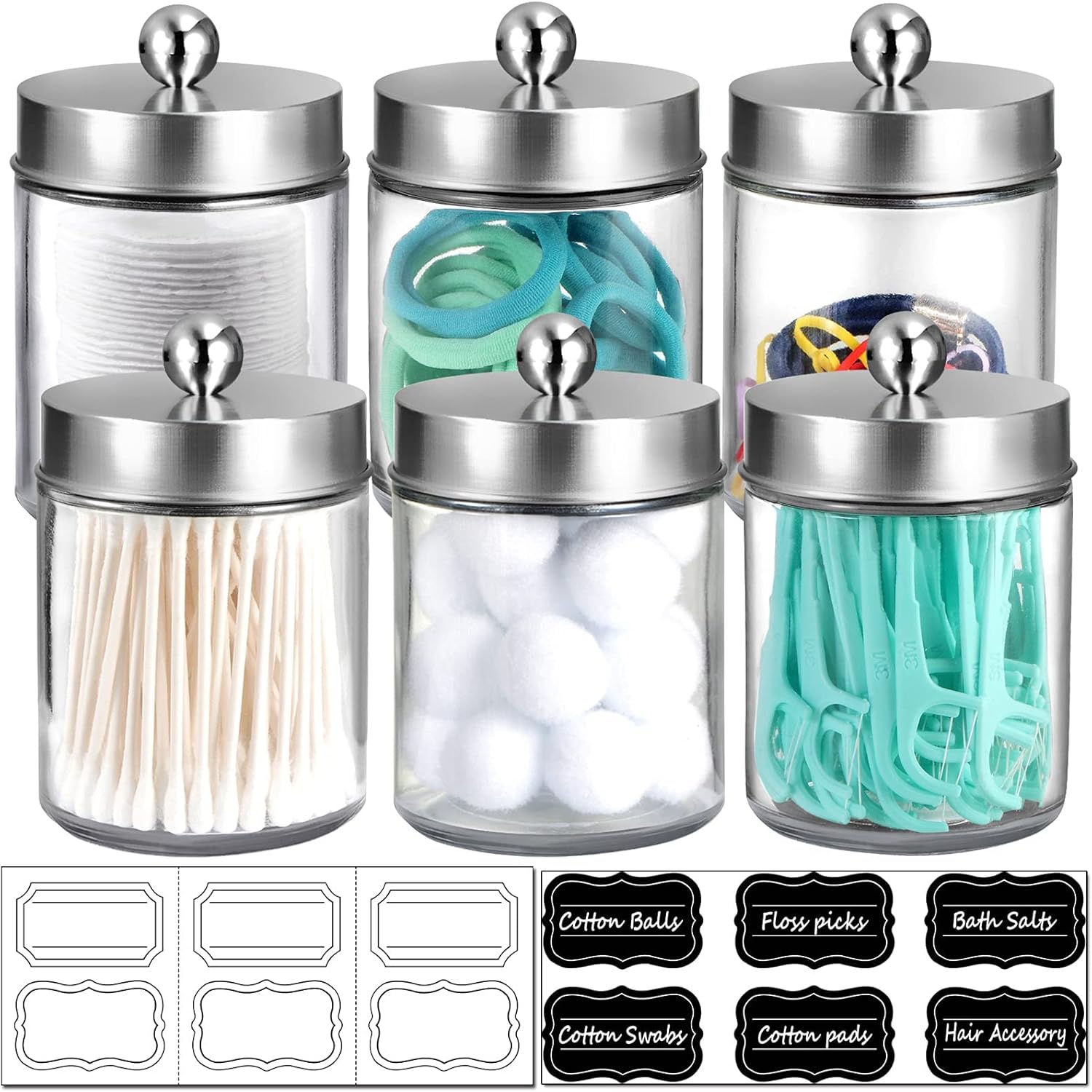 Amolliar 6Pc Apothecary Jars Bathroom Vanity Organizer- Rustic Farmhouse Decor Storage Canister&Stainless Steel Lids- Qtip Dispenser for Q-Tips,Cotton Swabs,Rounds,Ball,Flossers (Brushed Nickel)