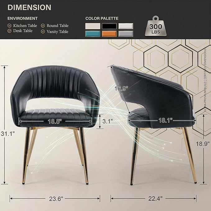 Faux Leather Dining Chairs Gold Legs, Modern Black PU Leather Dining Room Chairs with Arms Set of 4 Upholstered Accent Chair Armchair with Barrel Back for Kitchen Living Room