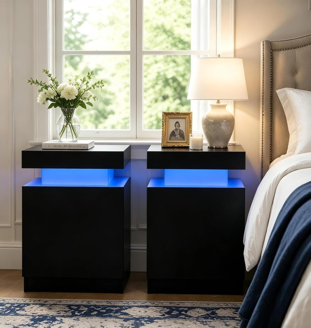 Black Nightstands Set of 2, LED End Table for Bedroom, Modern Bedside Table w...