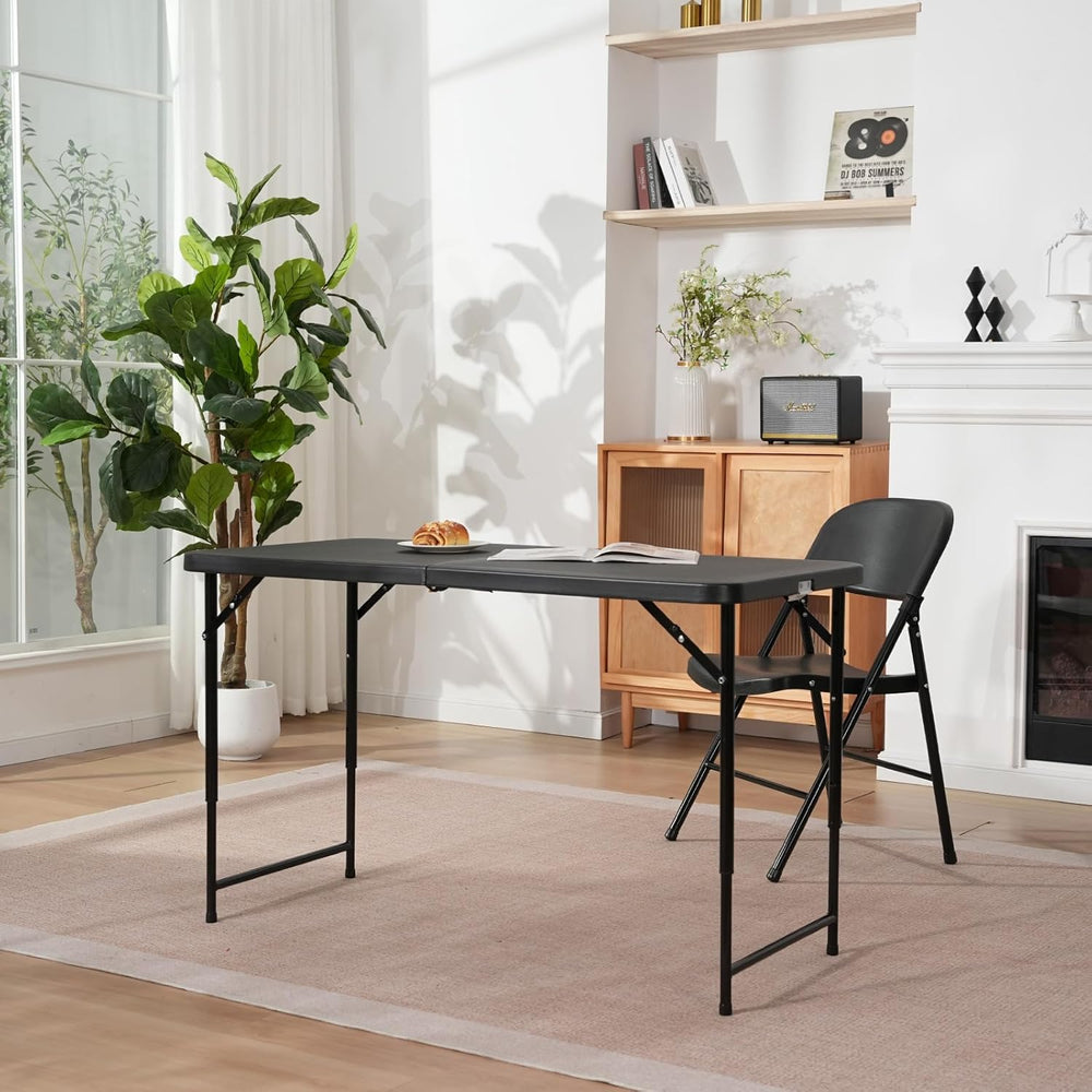 4ft Folding Table with Adjustable Height, 3-Level Foldable Table with HDPE To...