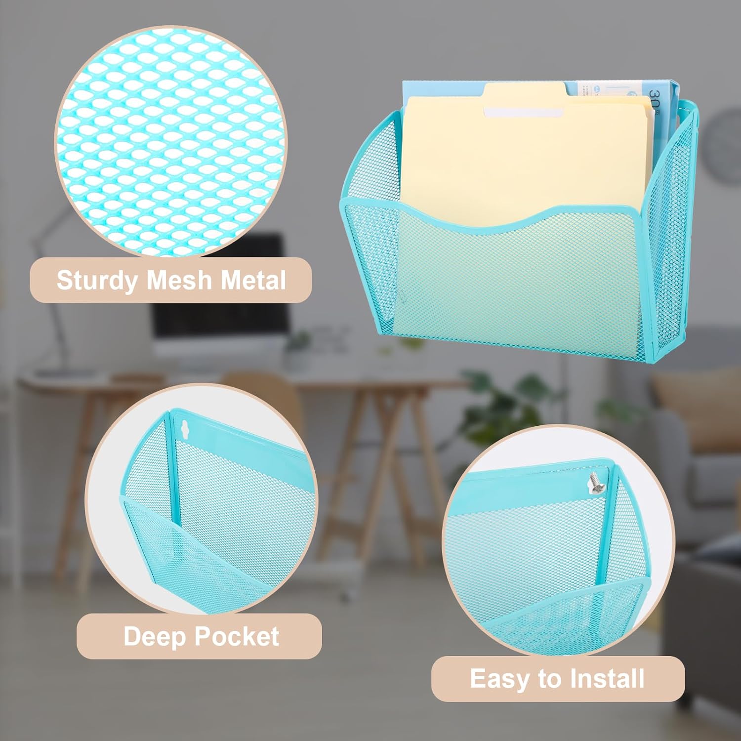 EASEPRES 3 Single Pocket Mesh Hanging File Organizer, Vertical Wall Mounted Magazine File Holder, Mount Basket Mail Paper Document Folder Organizing for Office, Home and School, Blue