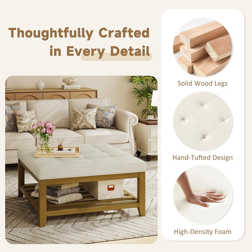 Befurtori Large Square Ottoman Coffee Table, Linen Solid Upholstered Footrest...