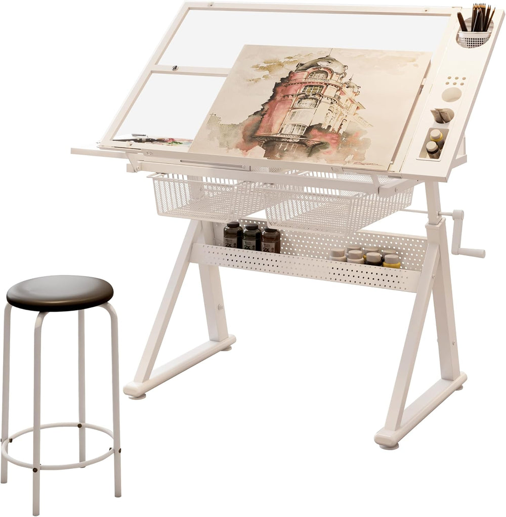 Drafting Table with Storage, Adjustable Drafting Tables Desk Tilting | Adjust...